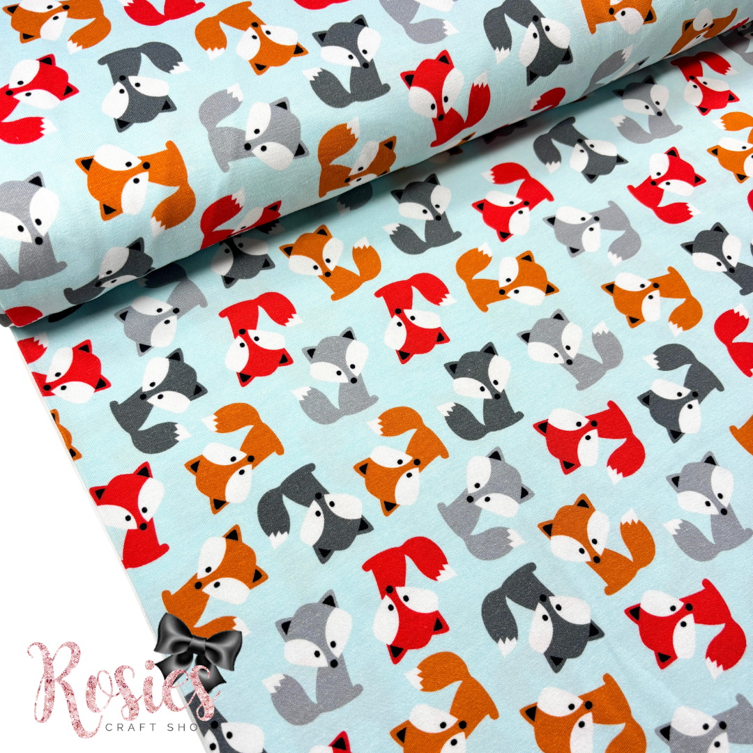 Foxes on Blue | Urban Zoologie | 150cm Wide | Robert Kaufman Jersey Knit Fabric | £16 pm