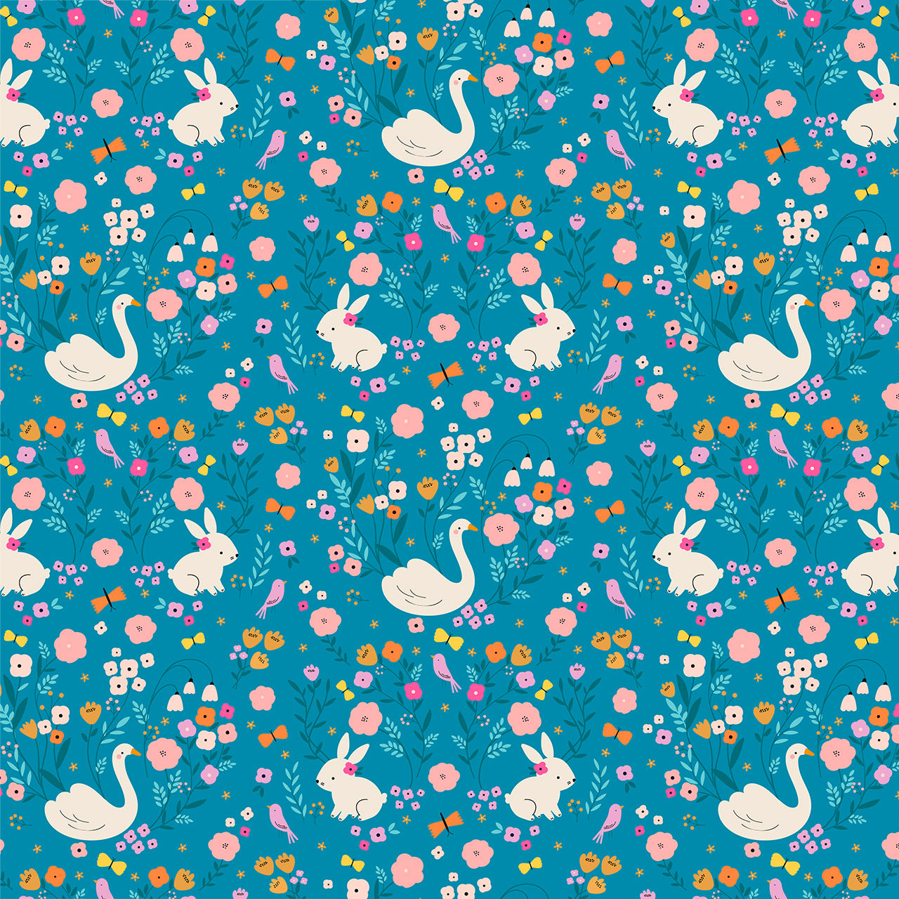 Bunny Lake on Blue - Spring Meadow - Dashwood Studio Cotton Fabric ✂️ £14 pm ☆