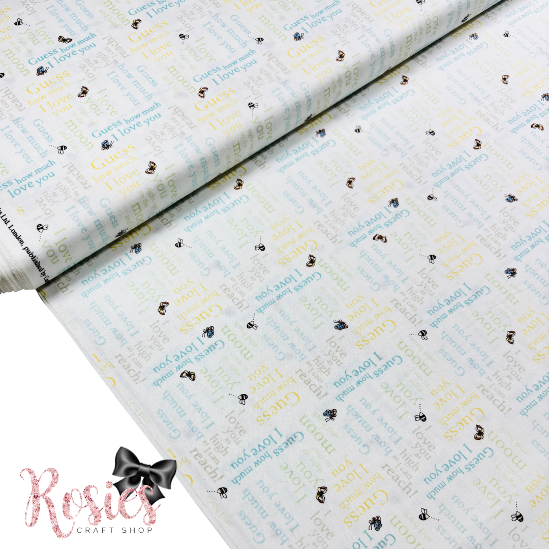 Blue & Lemon Text Words | Guess How Much I Love You | Clothworks Licensed Cotton Fabric | £12 pm