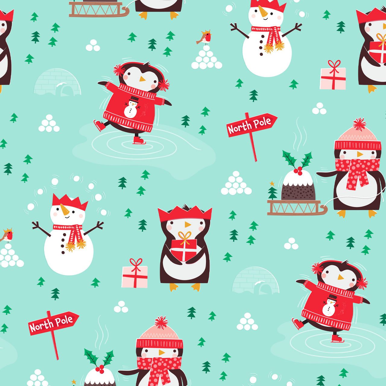 Penguins and Snowmen on Blue - Cosy Christmas - Dashwood Studio Cotton Fabric ✂️ £13 pm ☆