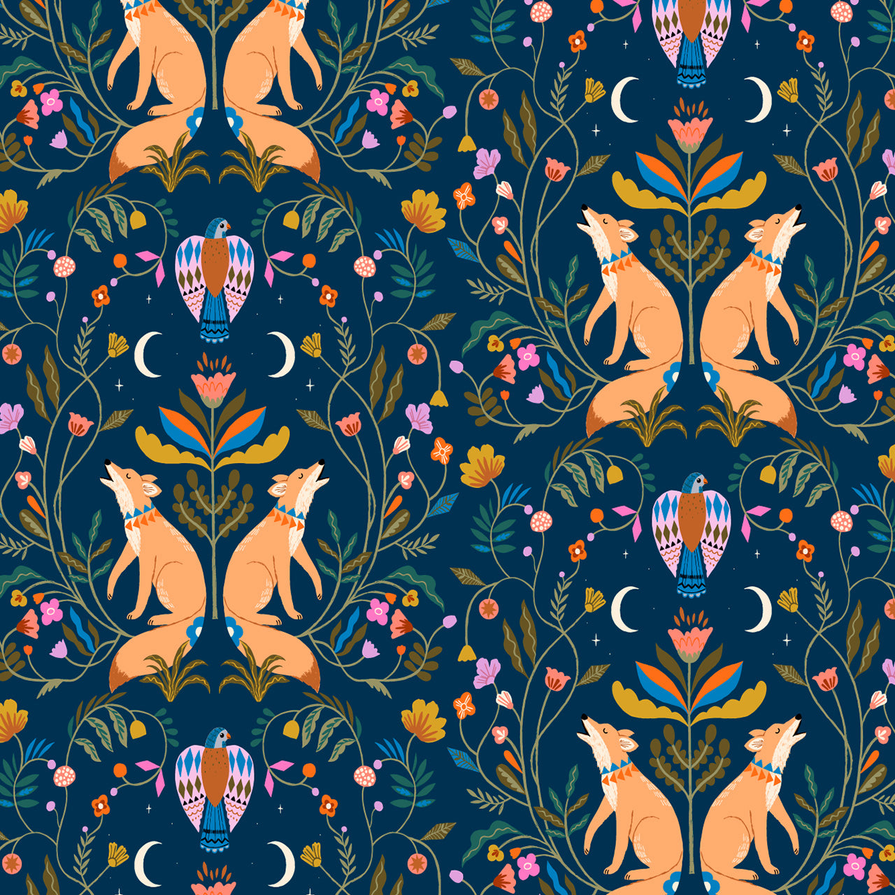 Foxes & Birds on Navy - Desert Moon - Dashwood Studio Cotton Fabric ✂️ £14 pm ☆