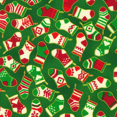 Gold Metallic Stockings Green - Holiday Charms - Robert Kaufman Cotton Fabric ✂️ £14 pm