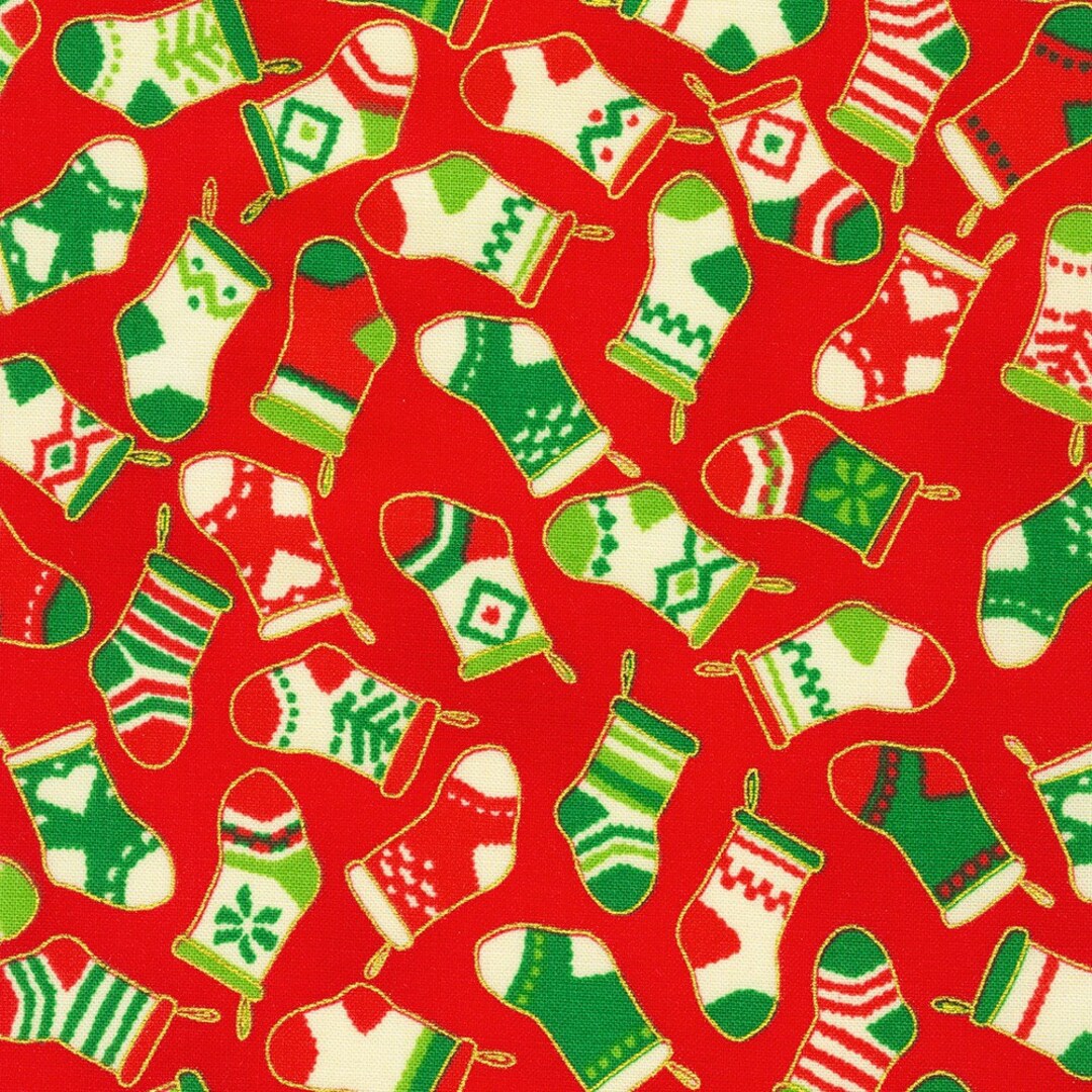 Gold Metallic Stockings Red - Holiday Charms - Robert Kaufman Cotton Fabric ✂️ £14 pm