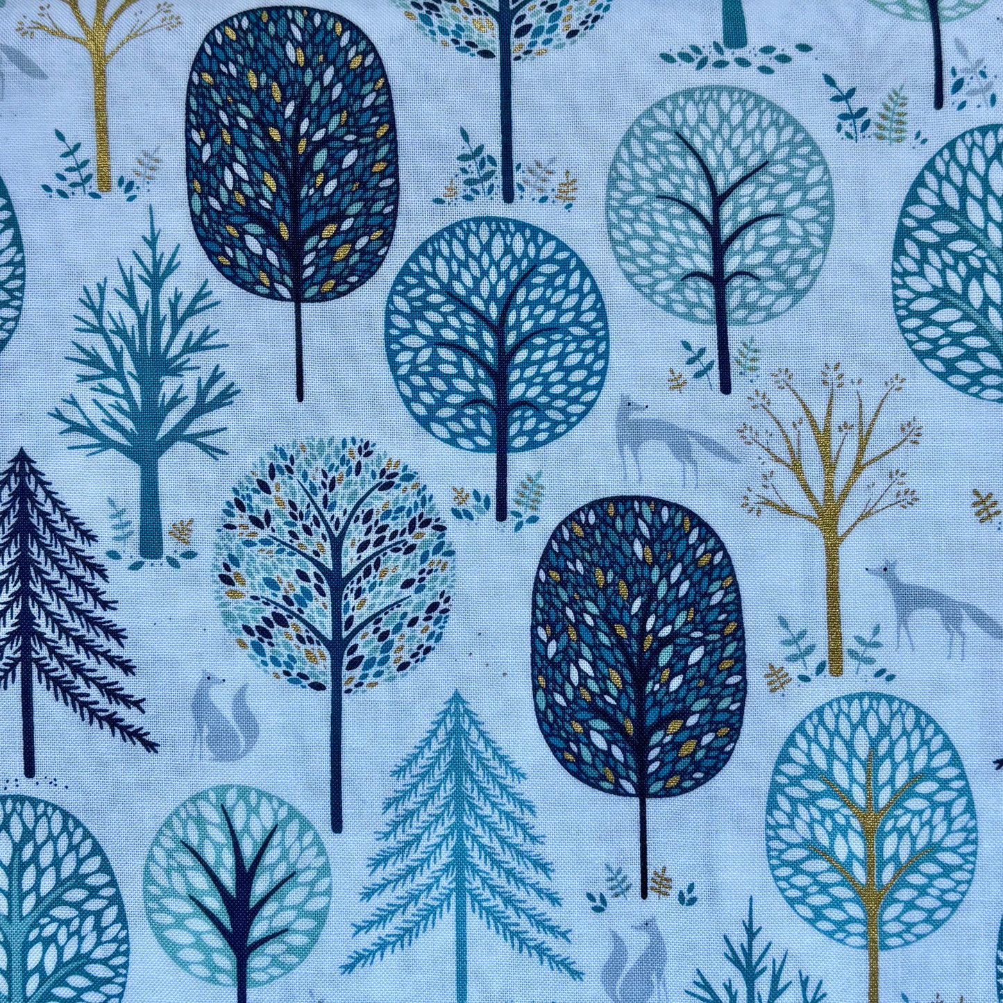 Blue Trees With Metallic On White - Starlit Hollow - Dashwood Studio Cotton Fabric ✂️ £13 pm