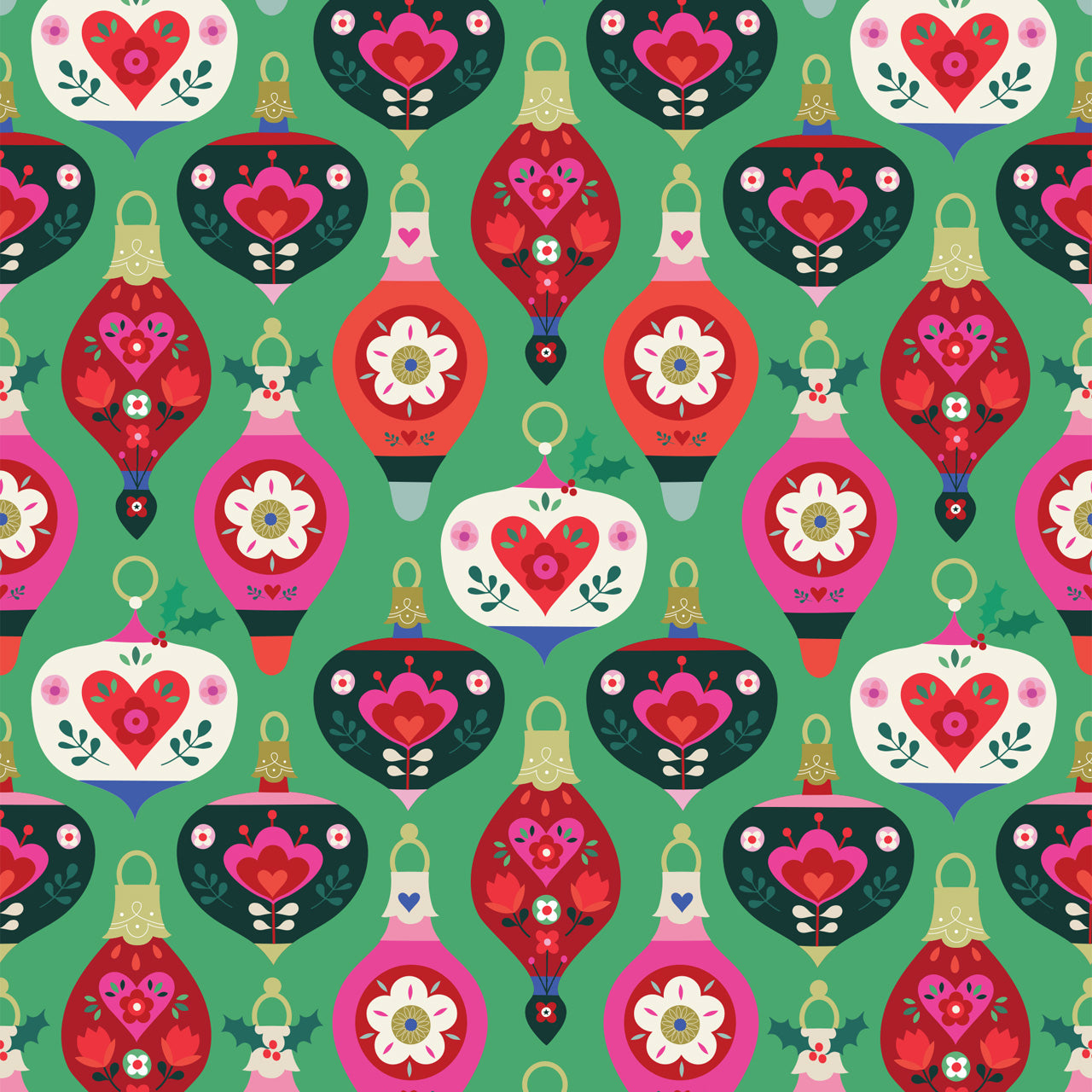 Christmas Baubles Ornaments on Green - Nordic Noel - Dashwood Studio Cotton Fabric ✂️ £13 pm ☆