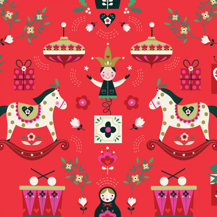 Rocking Horses and Christmas Toys on Red - Nordic Noel - Dashwood Studio Cotton Fabric ✂️ £13 pm ☆