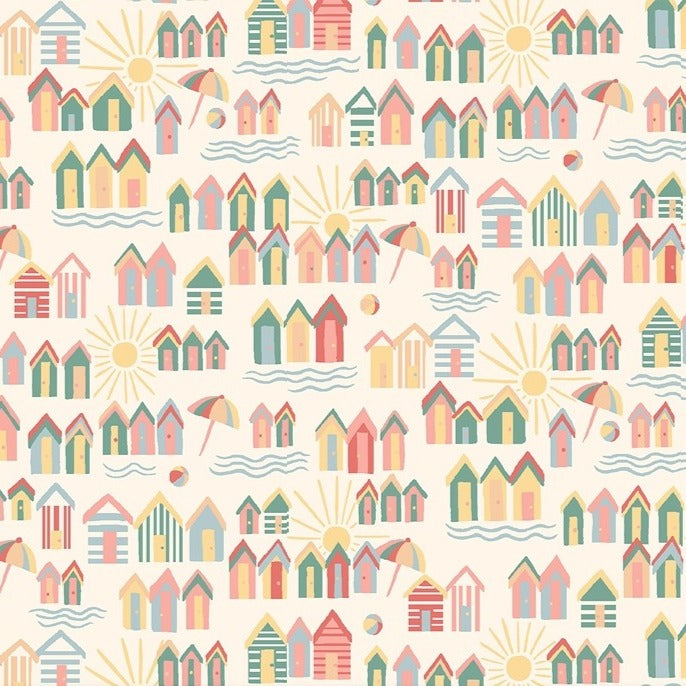Multi Coloured on Ivory Riviera Sunny Days Beach Huts - Riviera Collection - Liberty Cotton Fabric ✂️ £10 pm *SALE*