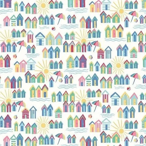 Multi Coloured on White Riviera Sunny Days Beach Huts - Riviera Collection - Liberty Cotton Fabric ✂️ £10 pm *SALE*