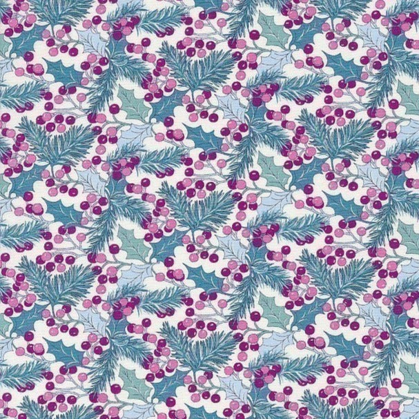 Pink & Teal Winterberry Holly - A Woodland Christmas - Liberty Cotton Fabric ✂️ £11 pm ☆