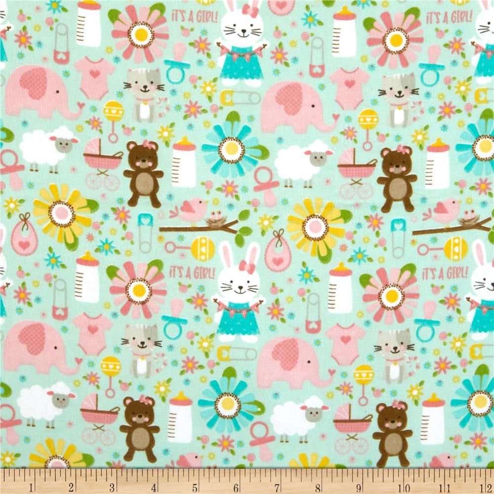 Teddy Bears & Flowers Baby Girl Main Mint - Sweet Baby Girl - Riley Blake Cotton Fabric ✂️ £9 pm *SALE*