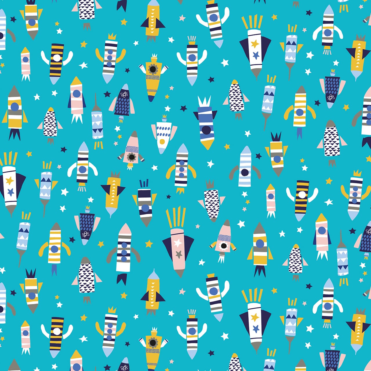 Turquoise Blue Rockets - Blast Off - Dashwood Studio Cotton Fabric ✂️ £13 pm