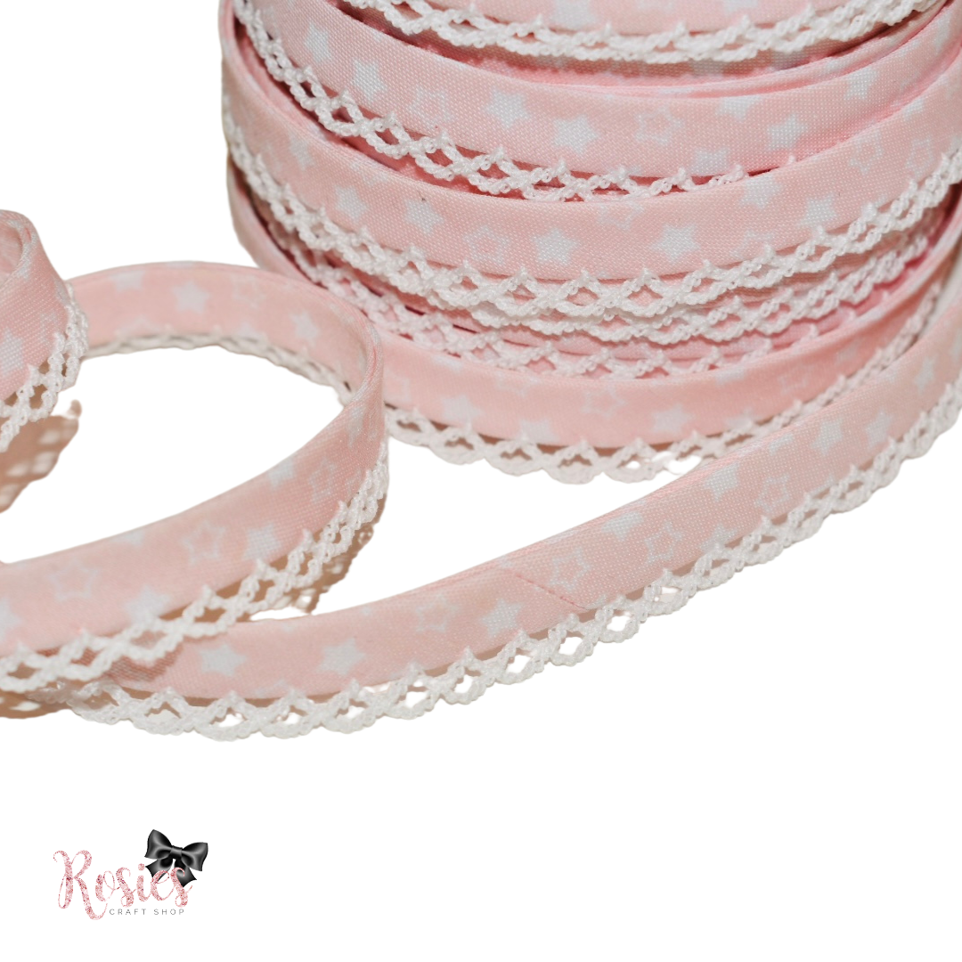 12mm Baby Pink with White Stars Pre-Folded Bias Binding with Scallop Lace Edge✂️ *SALE*