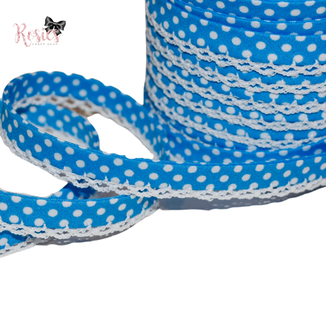 12mm Bright Blue with White Polka Dots Pre-Folded Bias Binding with Scallop Lace Edge ✂️