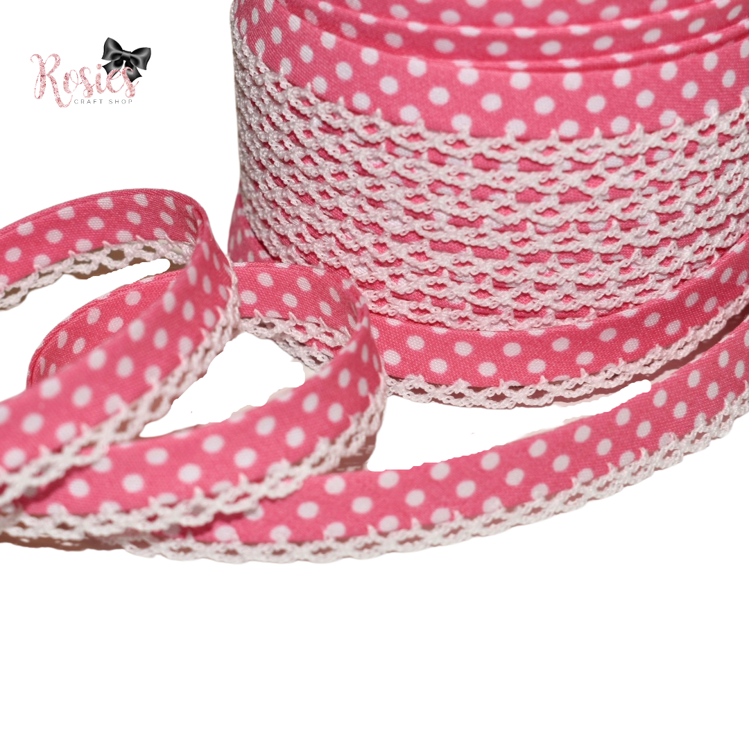 12mm Candy Pink with White Polka Dots Pre-Folded Bias Binding with Scallop Lace Edge ✂️