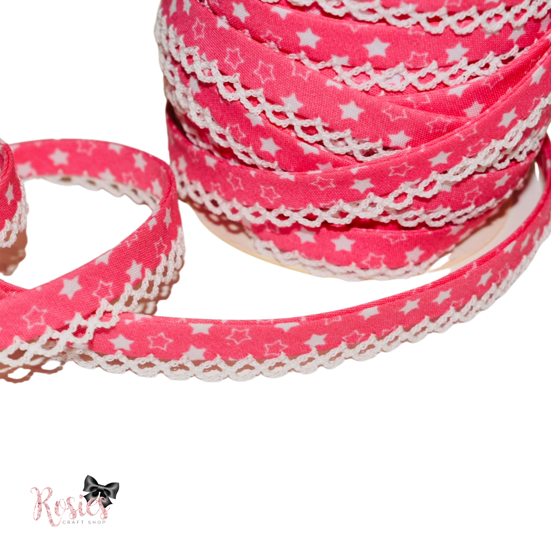 12mm Hot Pink with White Stars Pre-Folded Bias Binding with Scallop Lace Edge