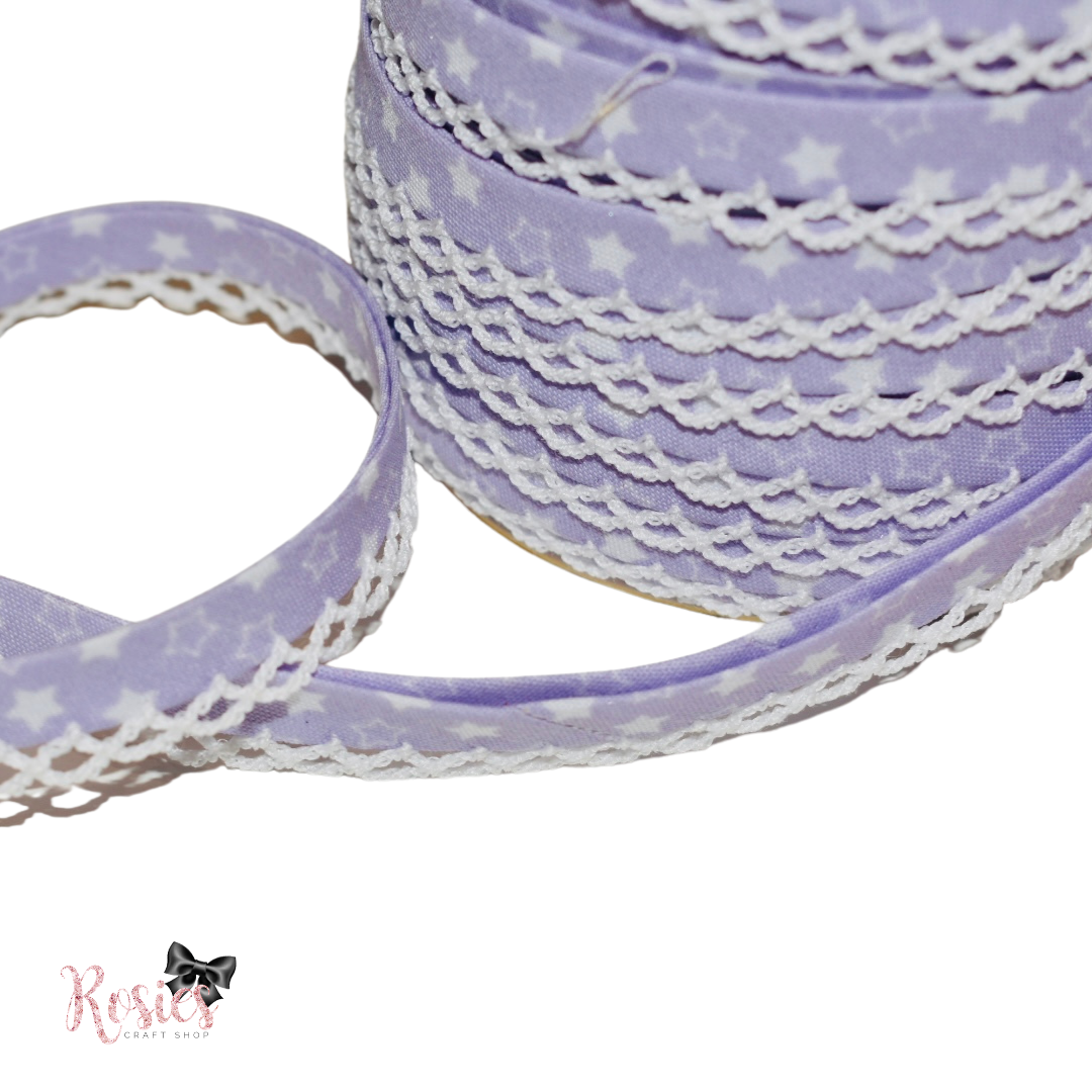 12mm Lilac with White Stars Pre-Folded Bias Binding with Scallop Lace Edge ✂️ *SALE*
