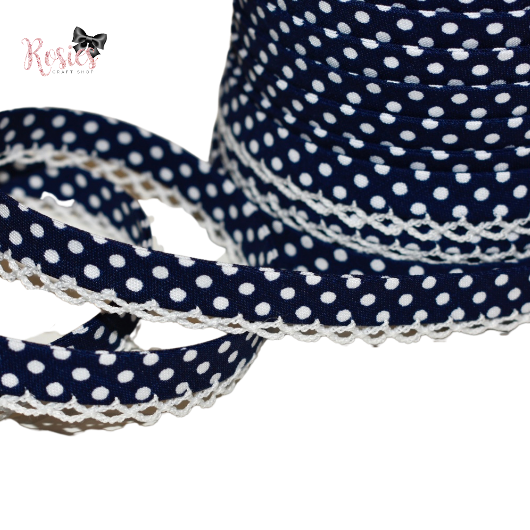 12mm Navy Blue with White Polka Dots Pre-Folded Bias Binding with Scallop Lace Edge ✂️
