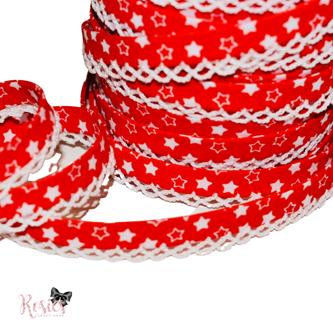 12mm Red with White Stars Pre-Folded Bias Binding with Scallop Lace Edge ✂️ *SALE*
