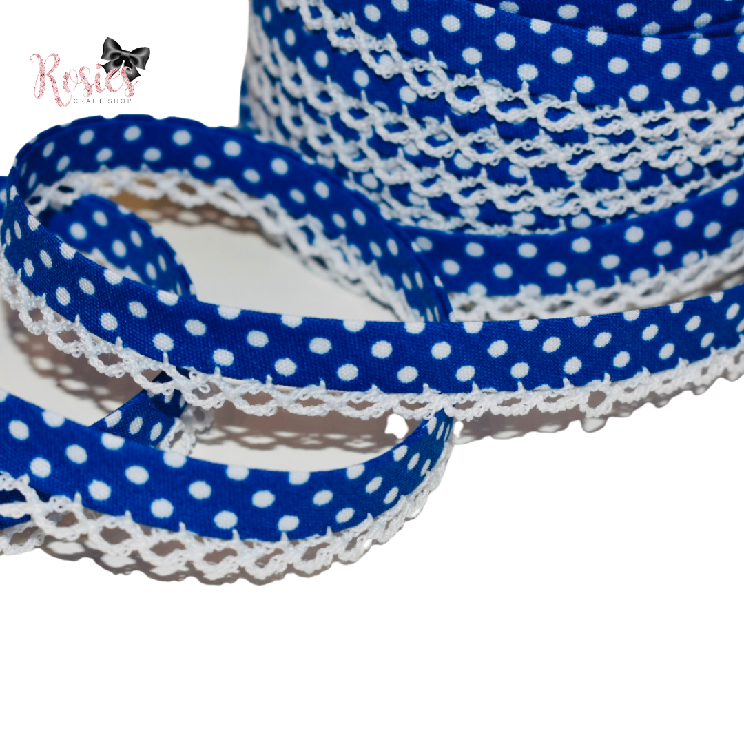 12mm Royal Blue with White Polka Dots Pre-Folded Bias Binding with Scallop Lace Edge ✂️