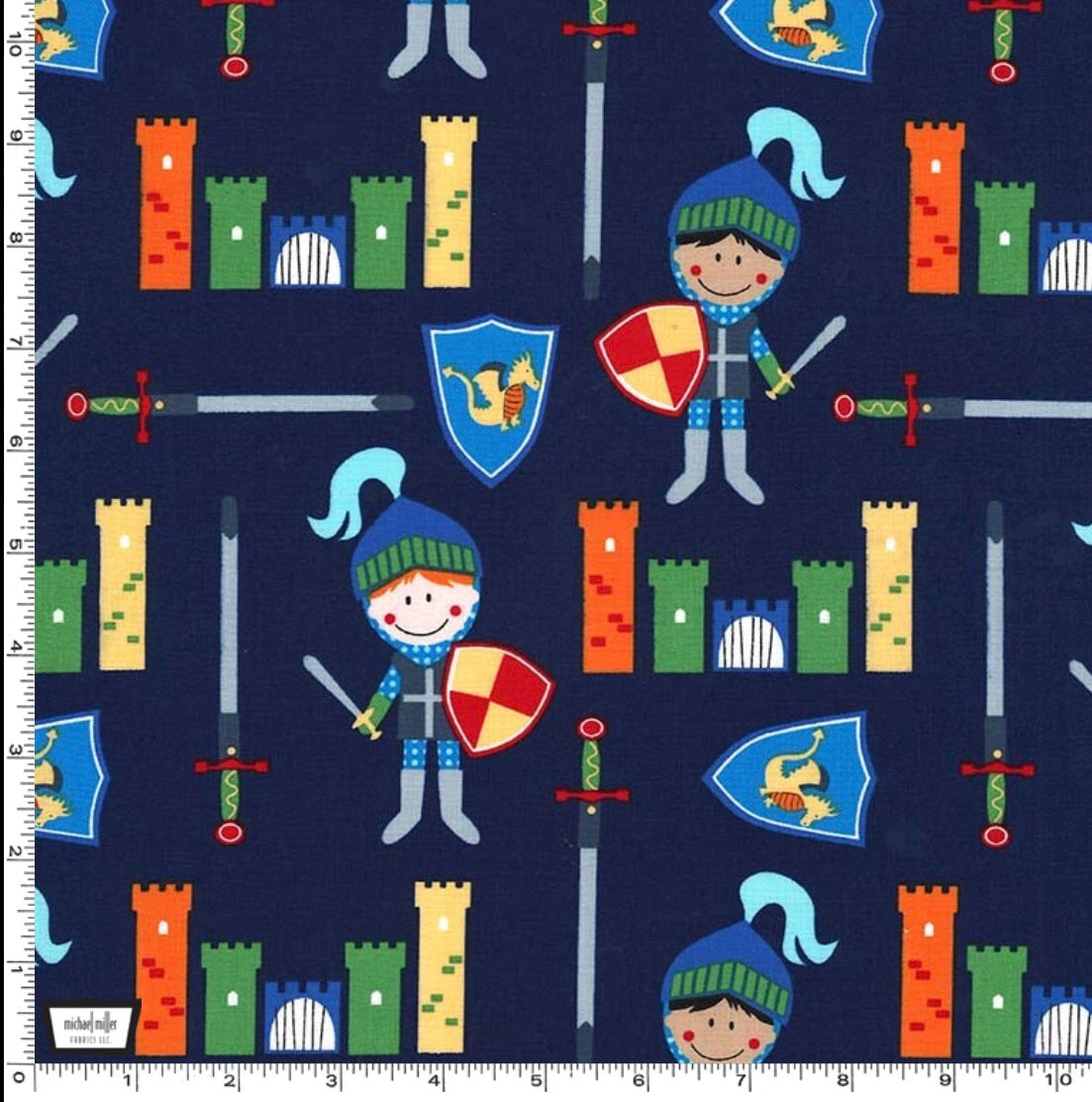 Navy Knights and Castles - Good Knight by Michael Miller - 100% Cotton Fabric - Rosie's Craft Shop Ltd