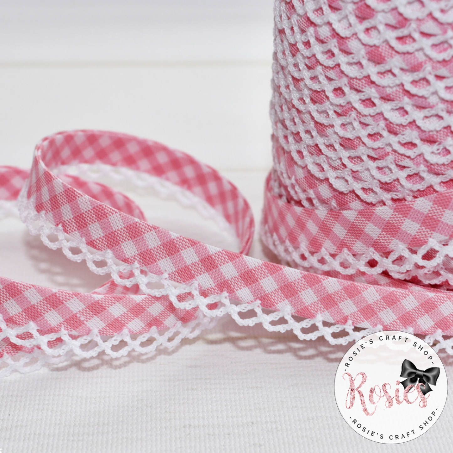 12mm Pink Gingham Pre-Folded Bias Binding with Scallop Lace Edge - Rosie's Craft Shop Ltd