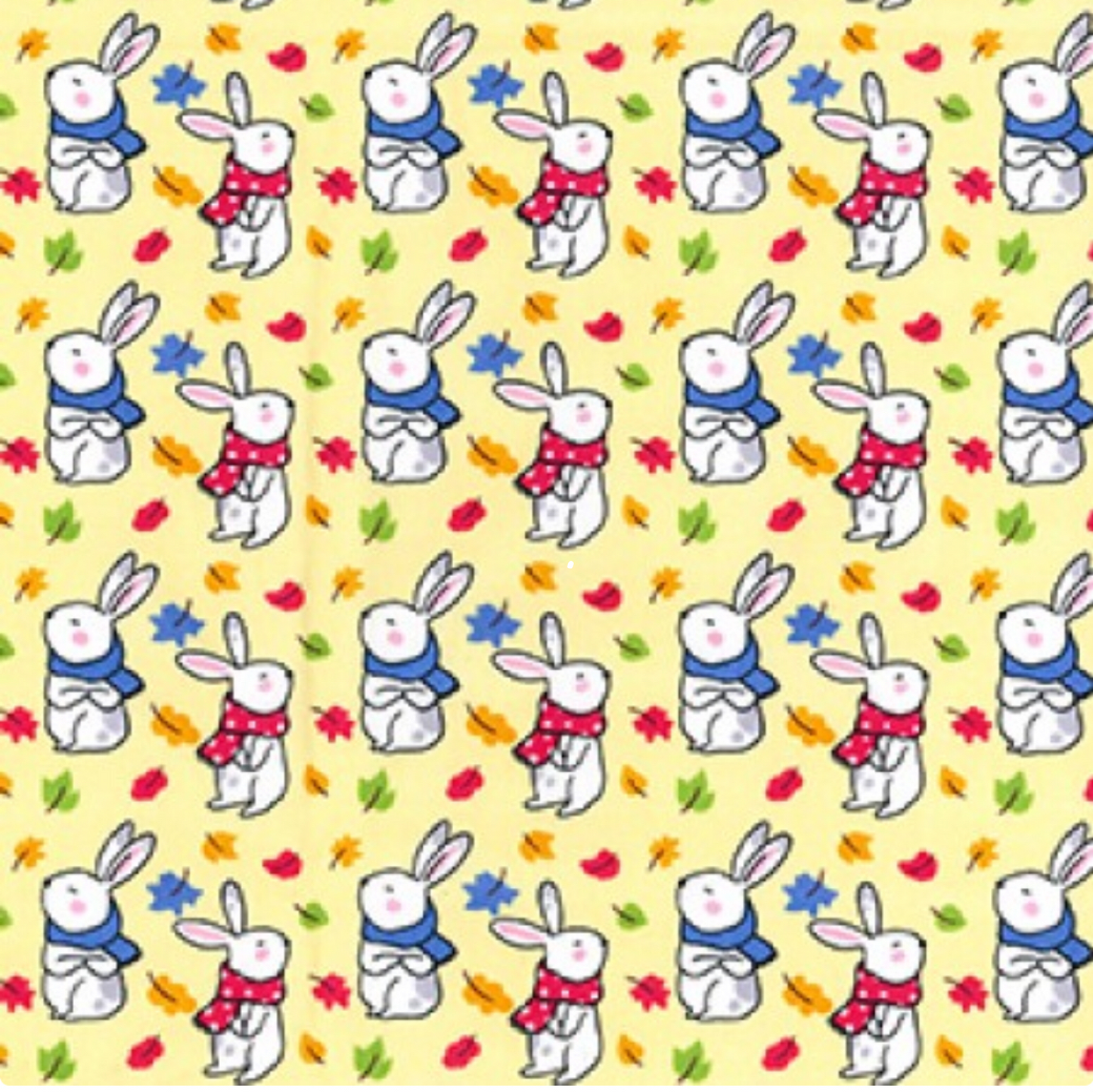 Little Bunnies in Scarves on Lemon 100% Cotton Fabric - Rosie's Craft Shop Ltd