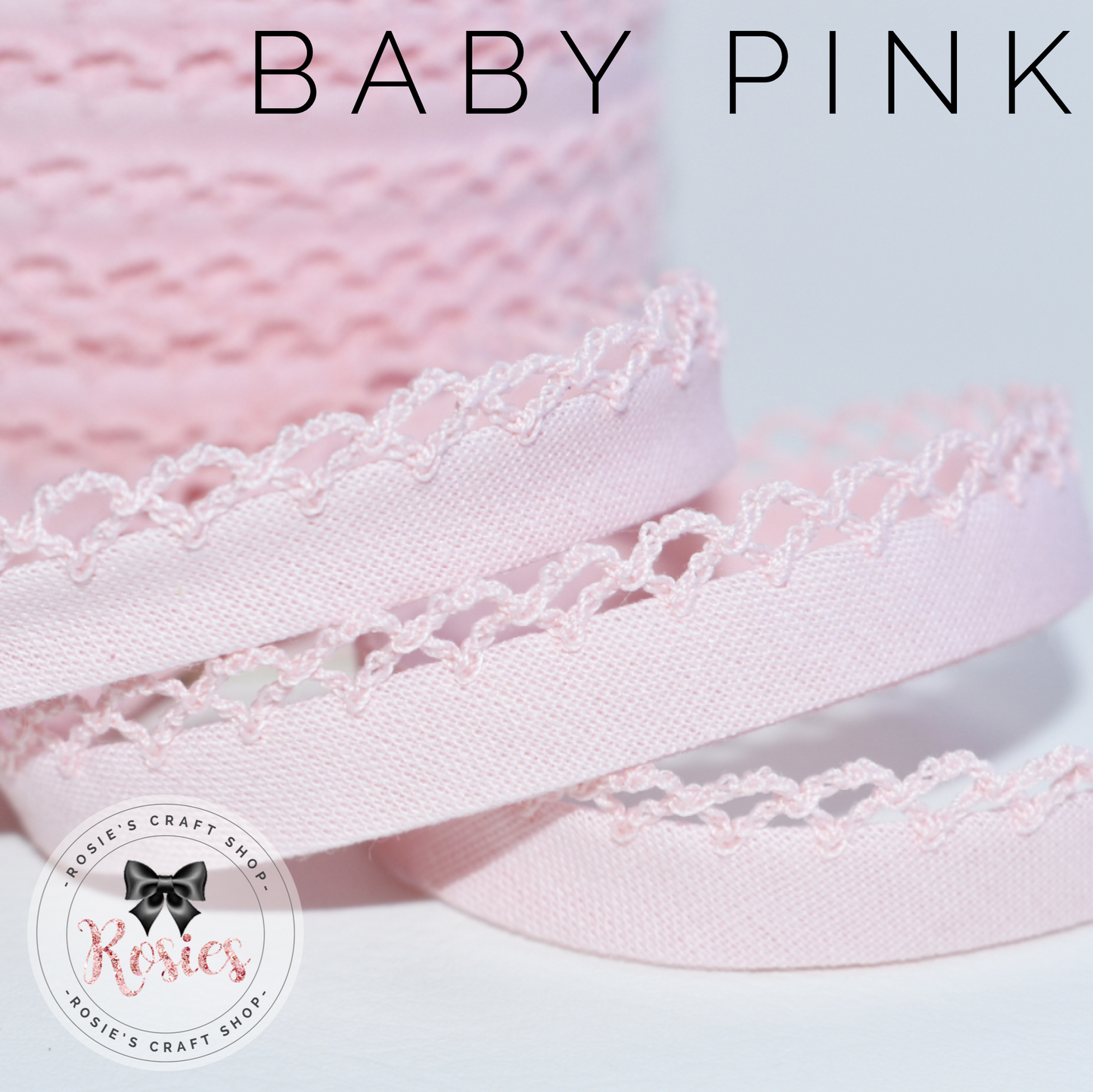 12mm Baby Pink Plain Pre-Folded Bias Binding with Scallop Lace Edge - Rosie's Craft Shop Ltd
