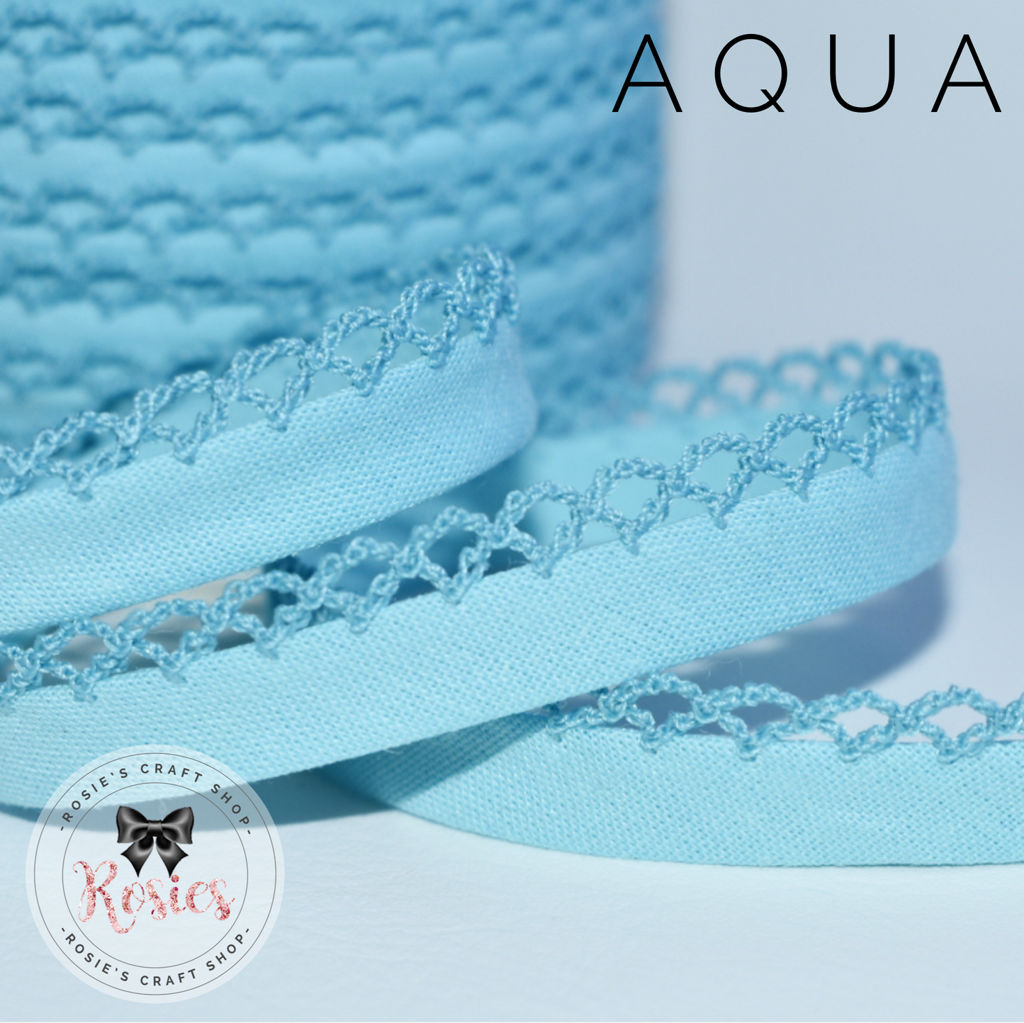 12mm Aqua Plain Pre-Folded Bias Binding with Scallop Lace Edge - Rosie's Craft Shop Ltd