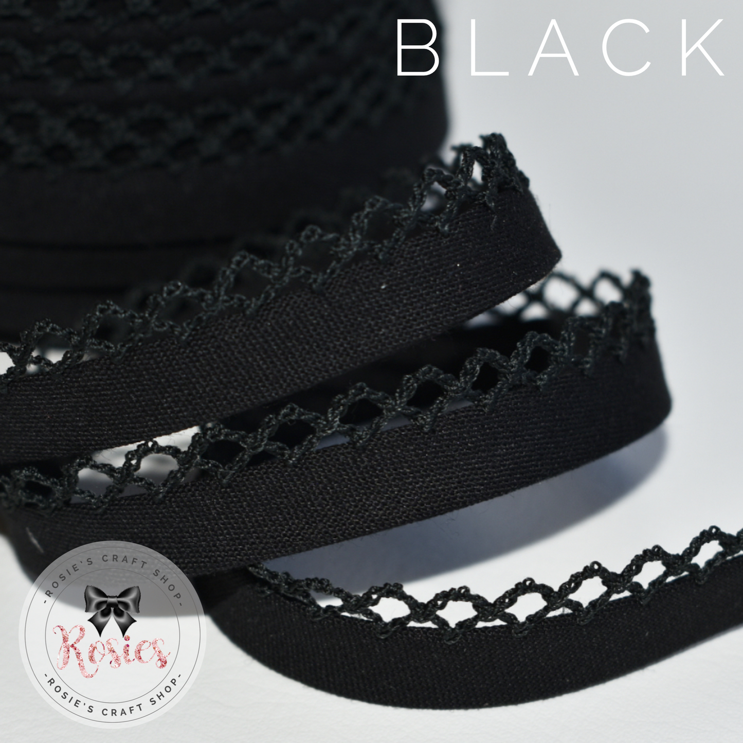 12mm Black Plain Pre-Folded Bias Binding with Scallop Lace Edge - Rosie's Craft Shop Ltd