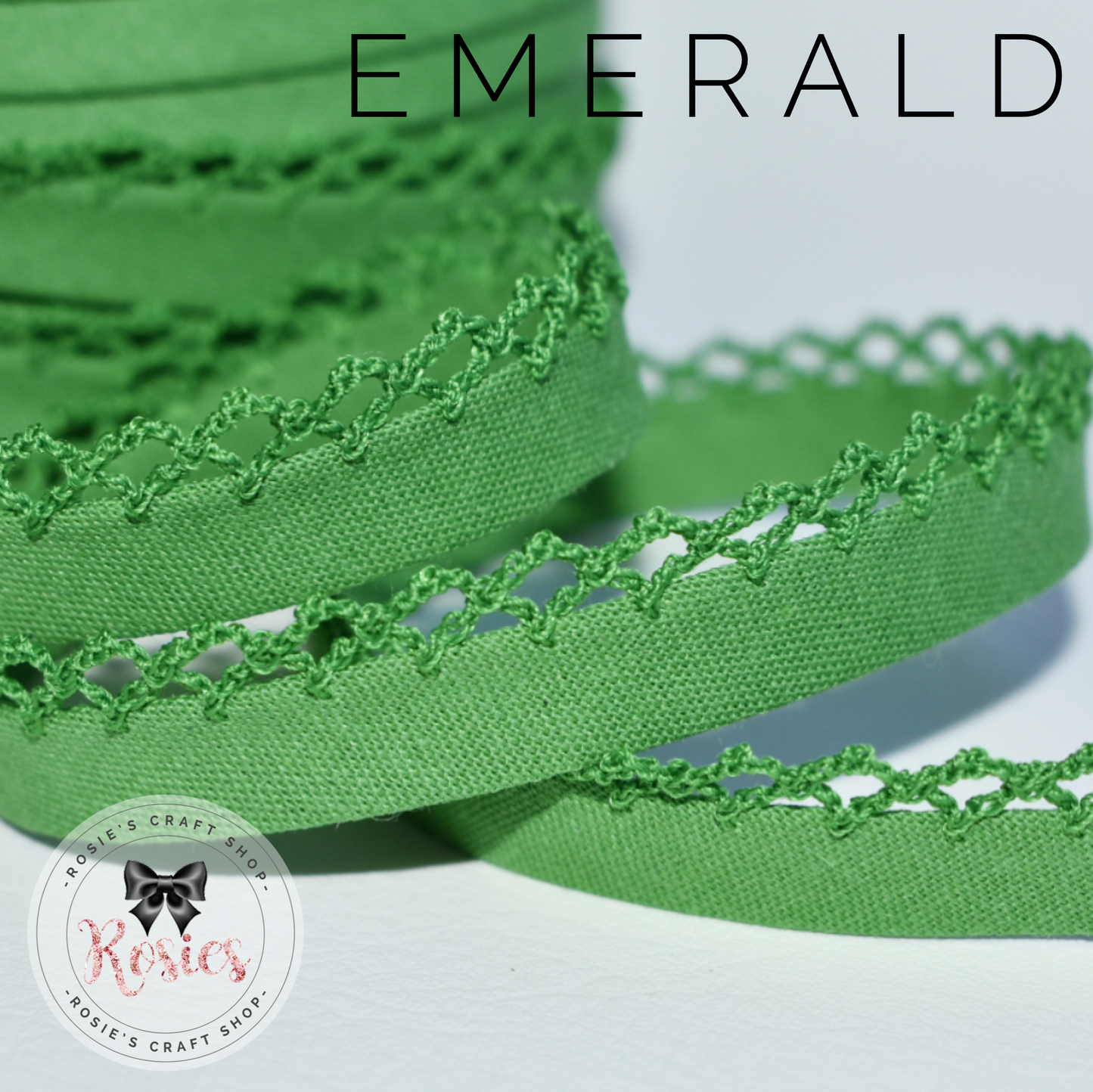 12mm Emerald Green Plain Pre-Folded Bias Binding with Scallop Lace Edge - Rosie's Craft Shop Ltd