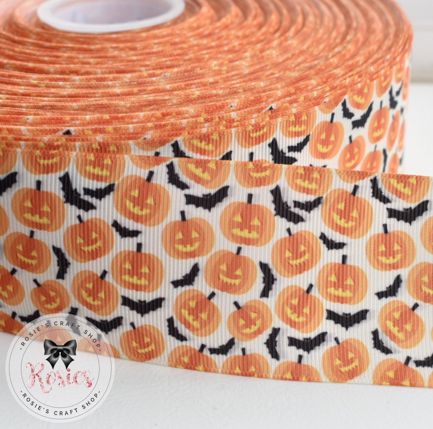 Orange Pumpkins on White Halloween Printed Grosgrain Ribbon - Rosie's Craft Shop Ltd