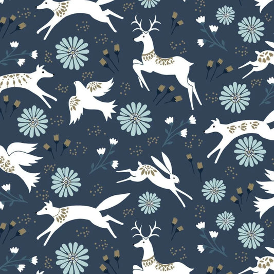 Reindeers & Flowers Metallic Blue - Starlit Hollow - Dashwood Studio Cotton Fabric ✂️ £13 pm