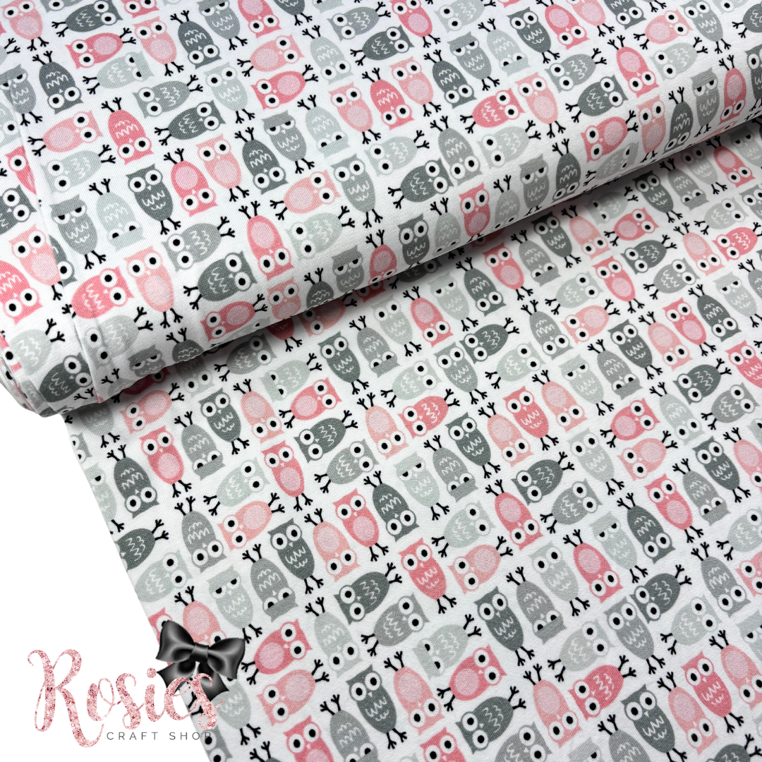 Pink and Grey Owls | Urban Zoologie | 150cm Wide| Robert Kaufman Jersey Knit Fabric | £16 pm
