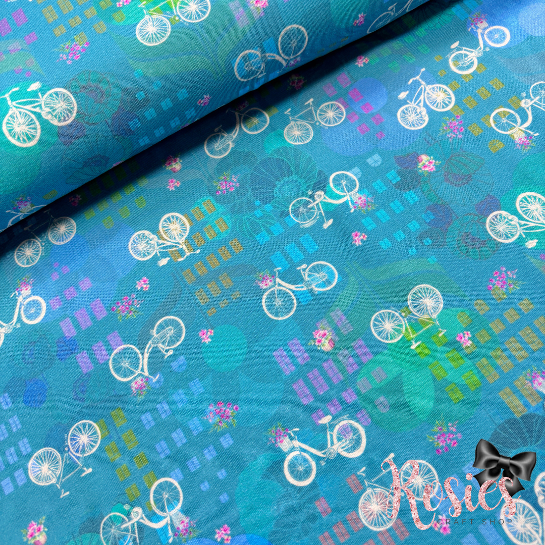Flowers & Bicycles on Cerulean Blue | Happy Place | 150cm Wide | Robert Kaufman Jersey Knit Fabric | £16 pm