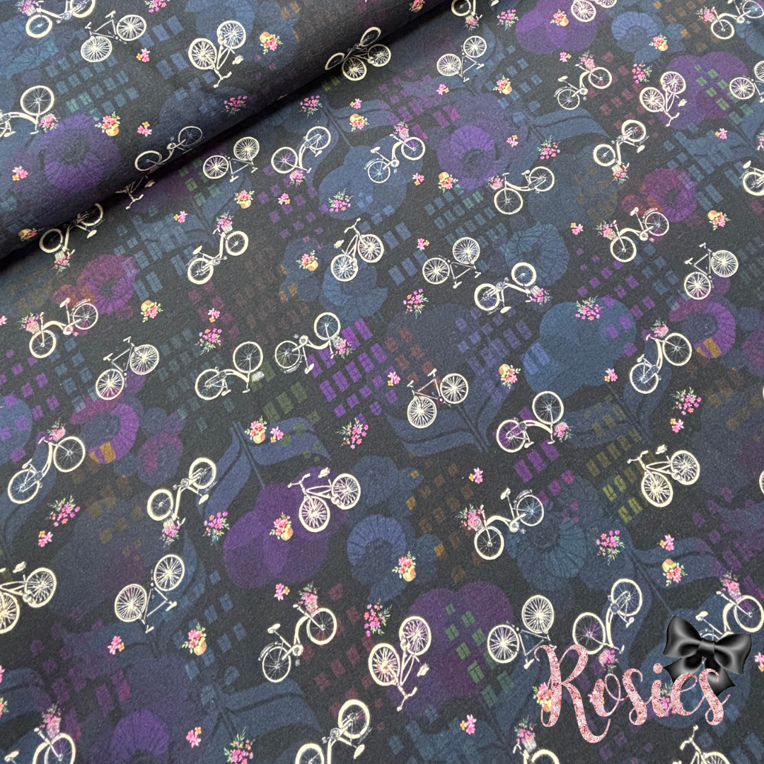 Flowers & Bicycles on Night Navy Blue Black | Happy Place | 150cm Wide | Robert Kaufman Jersey Knit Fabric | £16 pm