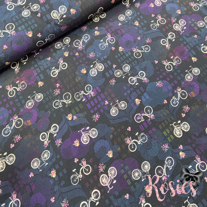 Flowers & Bicycles on Night Navy Blue Black | Happy Place | 150cm Wide | Robert Kaufman Jersey Knit Fabric | £16 pm