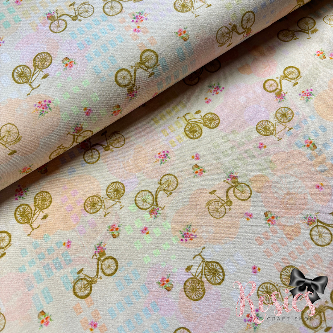 Flowers & Bicycles on Blush Pink | Happy Place | 150cm Wide | Robert Kaufman Jersey Knit Fabric | £16 pm