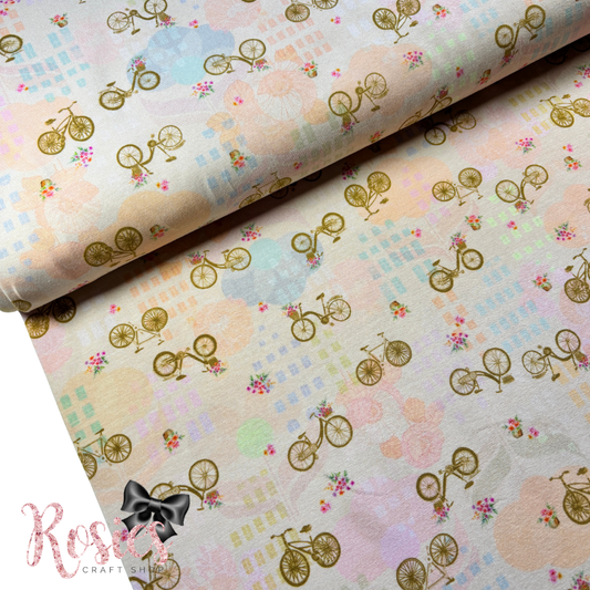 Flowers & Bicycles on Blush Pink | Happy Place | 150cm Wide | Robert Kaufman Jersey Knit Fabric | £16 pm