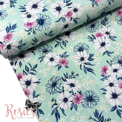 Mint Daisy Print | Daisy Made Wishwell Jersey Fabric by Robert Kaufman | Stretch Knit | 150cm Wide | £16 pm