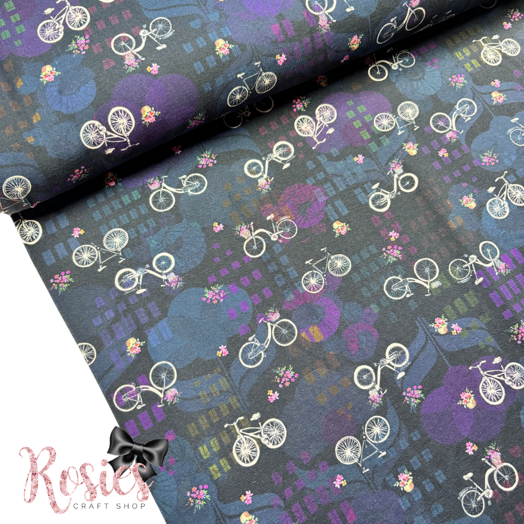 Flowers & Bicycles on Night Navy Blue Black | Happy Place | 150cm Wide | Robert Kaufman Jersey Knit Fabric | £16 pm