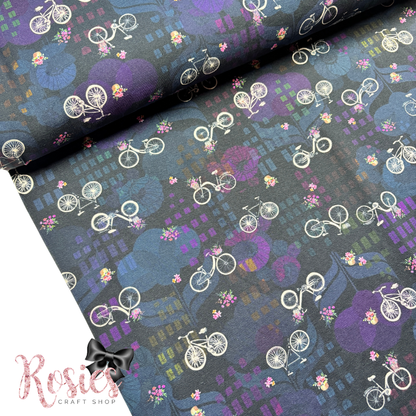 Flowers & Bicycles on Night Navy Blue Black | Happy Place | 150cm Wide | Robert Kaufman Jersey Knit Fabric | £16 pm