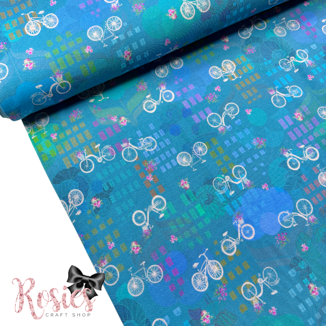 Flowers & Bicycles on Cerulean Blue | Happy Place | 150cm Wide | Robert Kaufman Jersey Knit Fabric | £16 pm