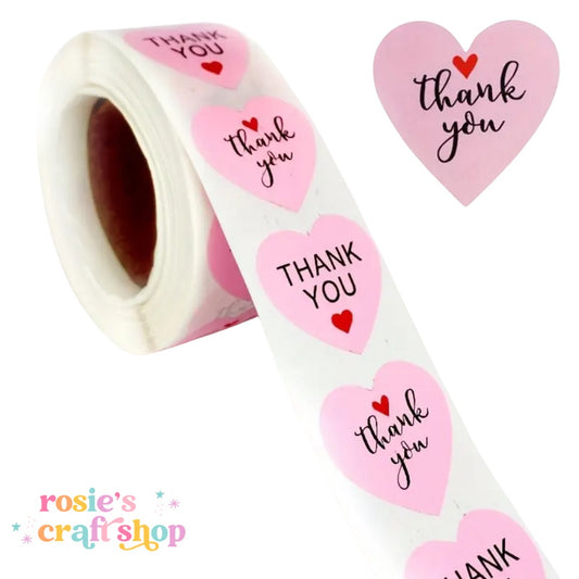 Thank You Pink Heart Shaped Stickers Roll of 500 (approx) ✂️ ☆