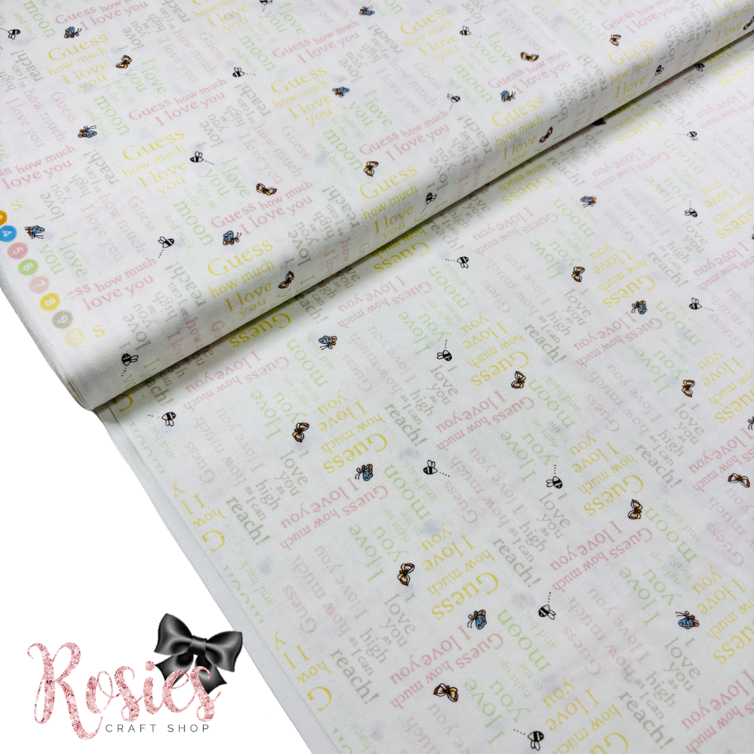 Pink & Lemon Text Words | Guess How Much I Love You | Clothworks Licensed Cotton Fabric | £12 pm