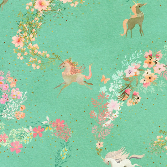 Unicorns on Seafoam Green - Unicorn Meadow - Robert Kaufman Cotton Fabric ✂️ £15 pm