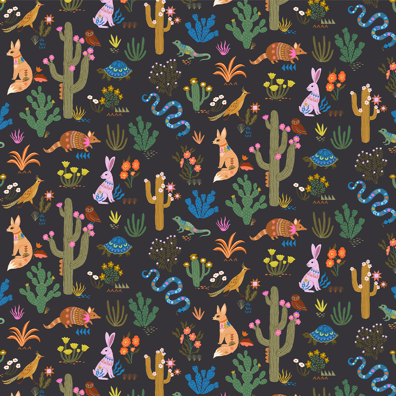 Foxes, Rabbits & Snakes on Black - Desert Moon - Dashwood Studio Cotton Fabric ✂️ £14 pm ☆
