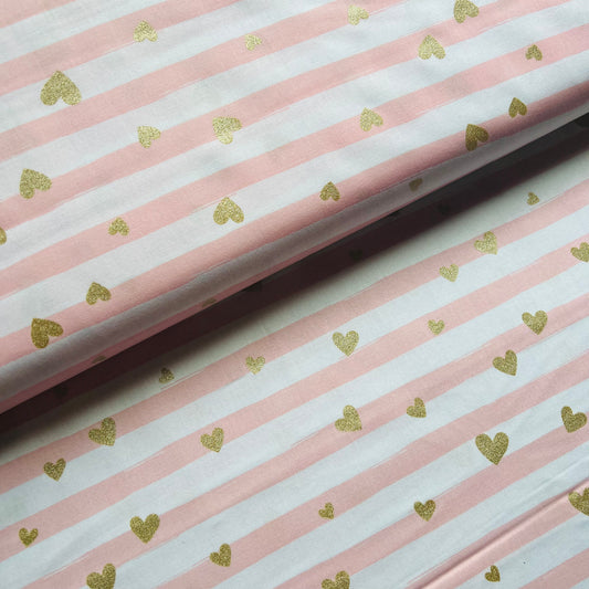 Pink Stripes with Metallic Glitter Sparkle Hearts 150cm Wide - John Louden Cotton Fabric ✂️ £9 pm