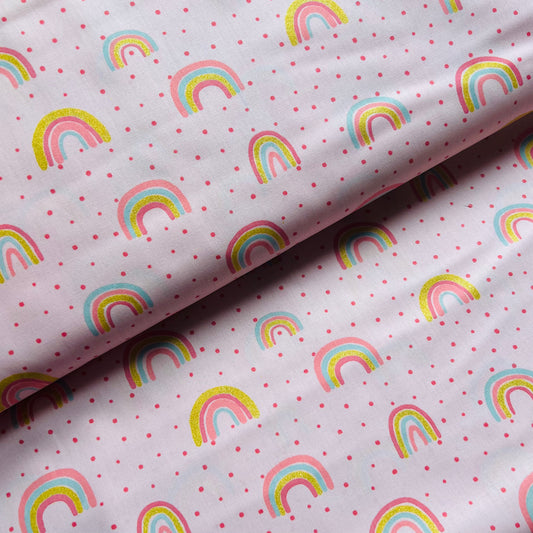 Rainbows on Pink with Metallic Glitter Sparkle - John Louden Cotton Fabric ✂️ £9 pm