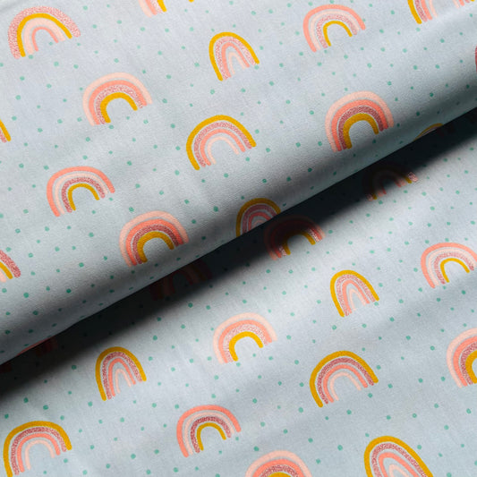 Rainbows on Minty Blue with Metallic Glitter Sparkle 150cm Wide - John Louden Cotton Fabric ✂️ £9 pm