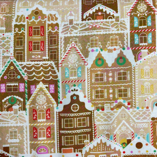 Christmas Gingerbread House Scene Brown - Tinsel Town - Robert Kaufman Cotton Fabric £10pm ✂️ 🌟 SALE 🌟